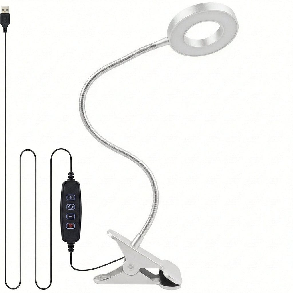 Lampe de bureau Flexis coloris argent avec pince de fixation, col de cygne métallique et télécommande de contrôle USB.