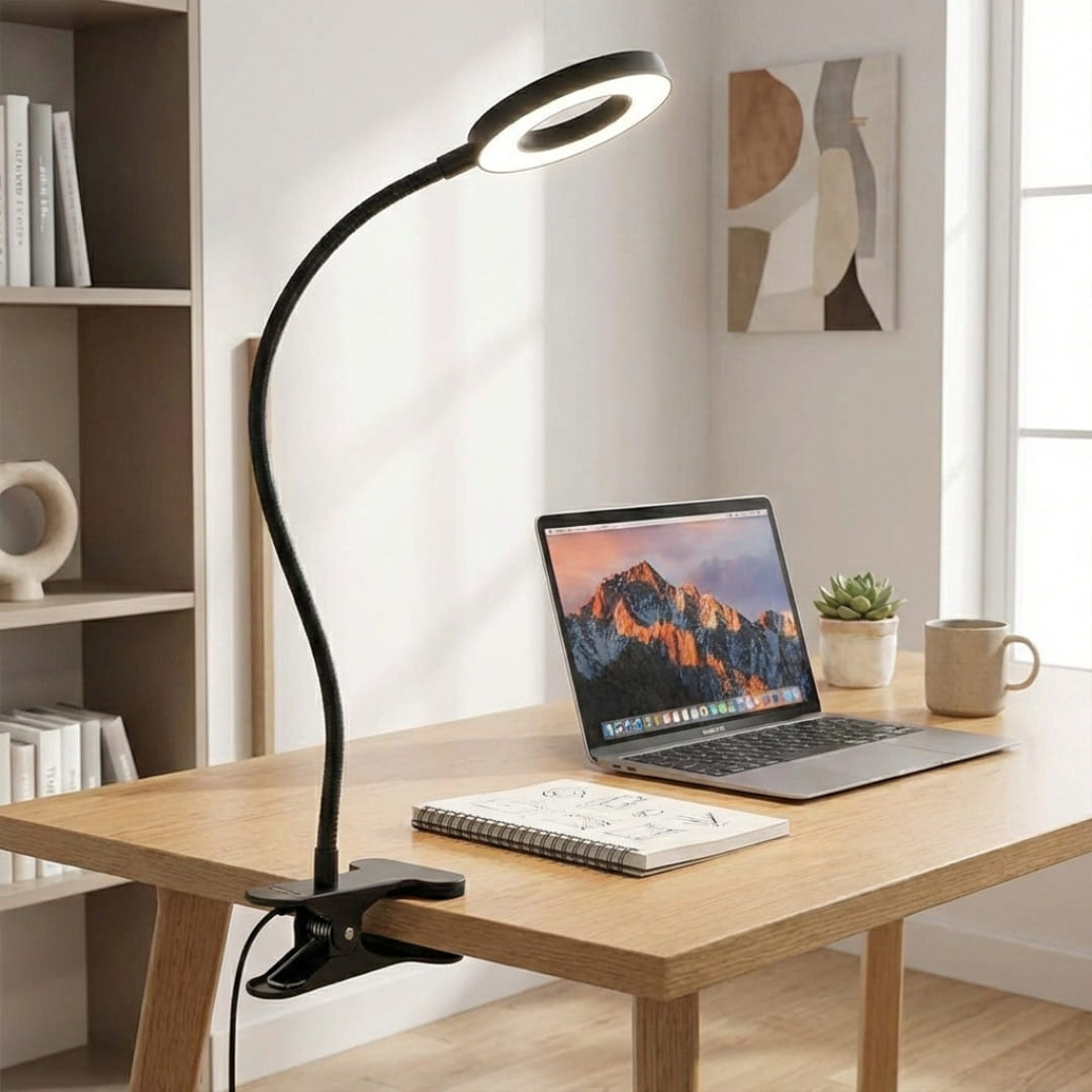 Lampe de bureau Flexis avec col de cygne flexible installée sur un bureau en bois à côté d'un ordinateur portable.