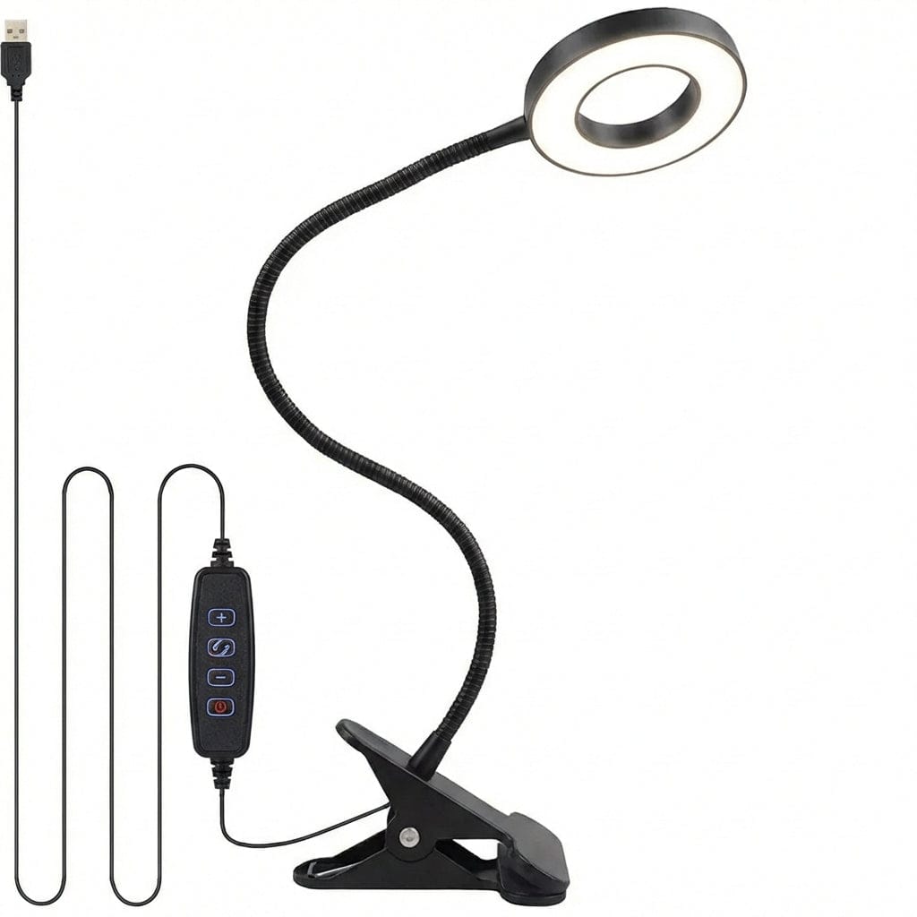 Lampe de bureau Flexis noire avec anneau LED, pince robuste et câble USB avec télécommande intégrée.
