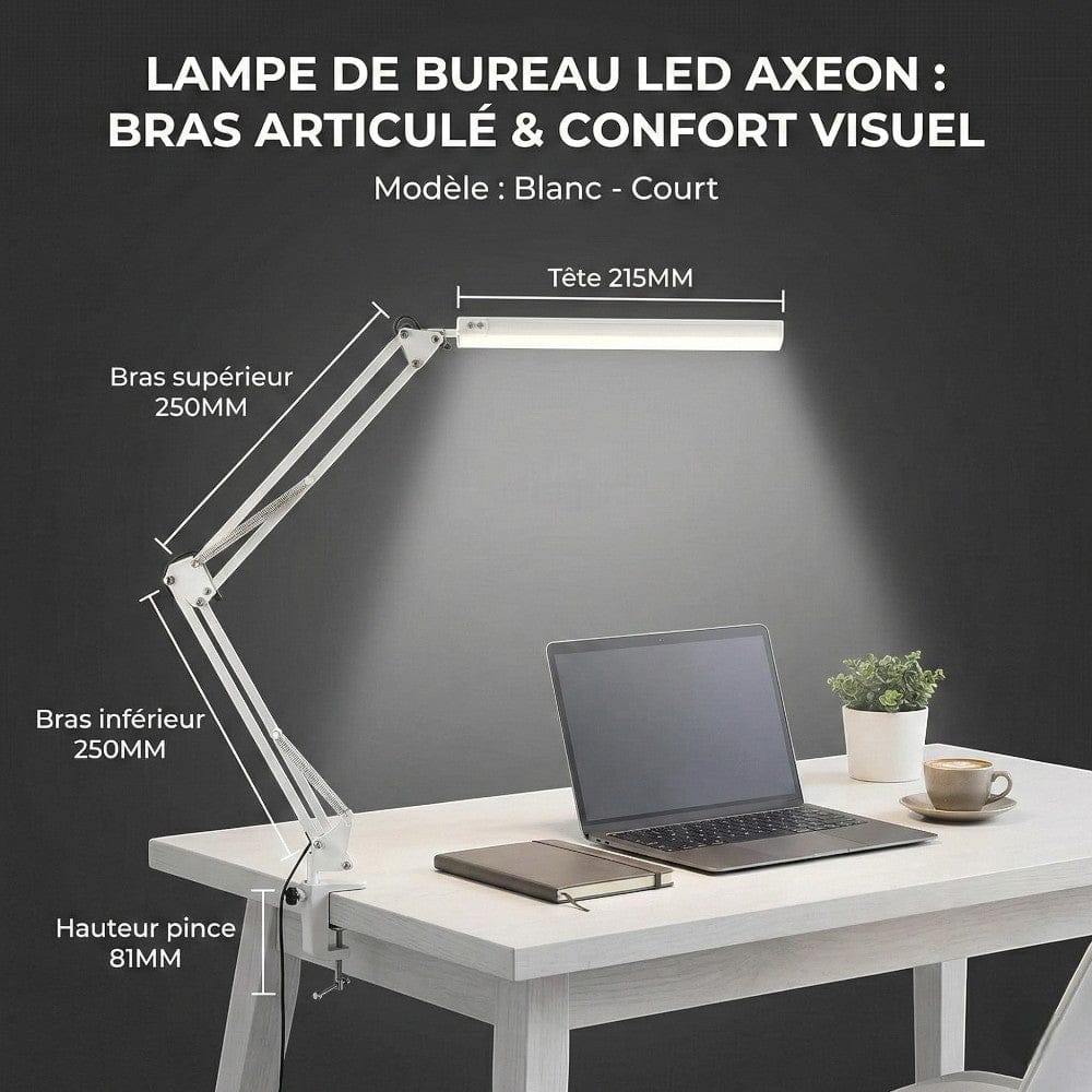 Lampe de bureau LED AXEON modèle blanc court avec détails des mesures du bras et de la pince.