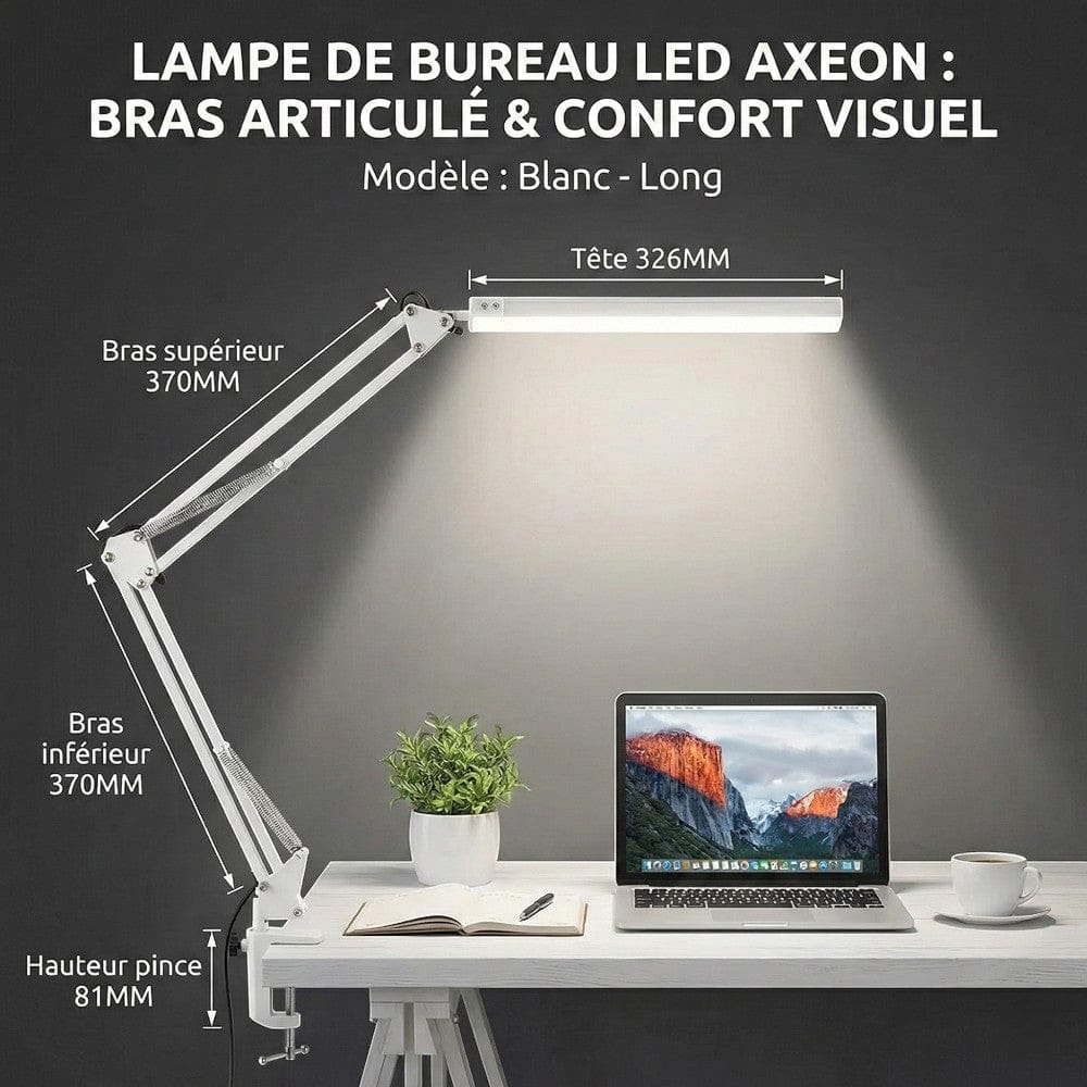 Modèle blanc long de la lampe de bureau LED AXEON installée sur un bureau avec ordinateur.