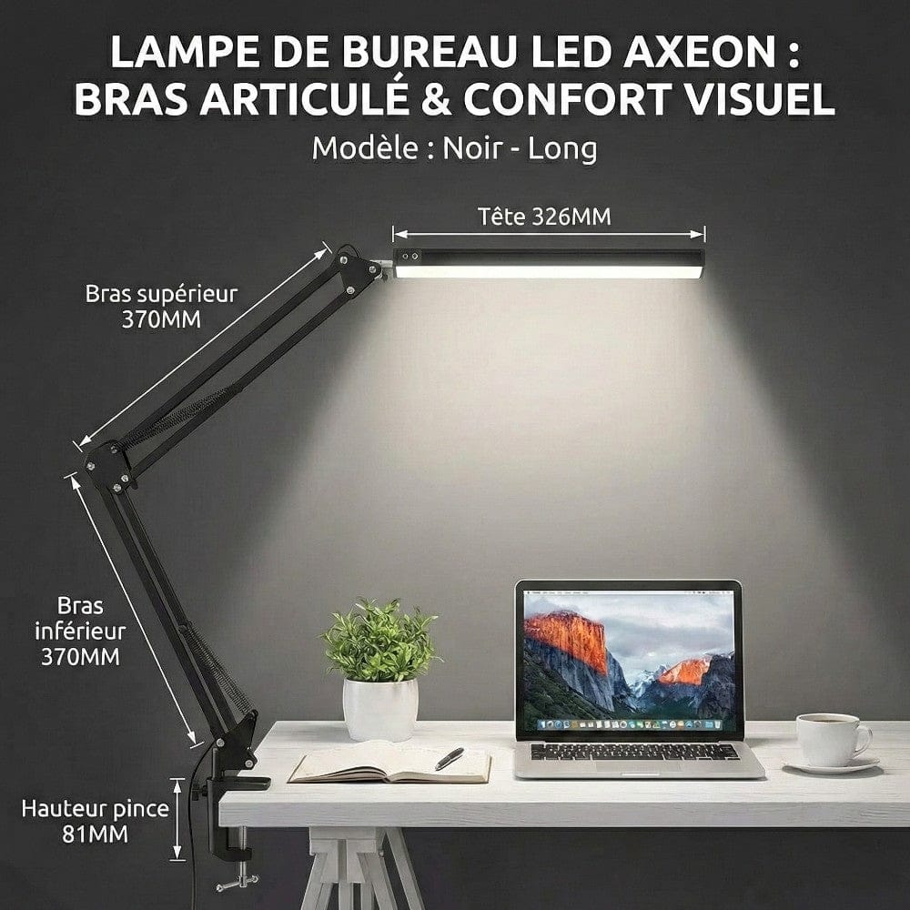 Lampe de bureau LED AXEON modèle noir long avec bras articulé de 370mm et tête de 326mm.