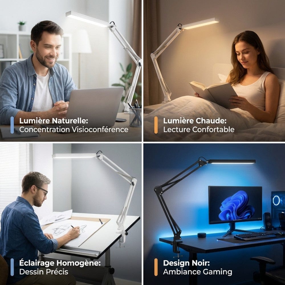 Quatre situations d'usage de la lampe de bureau LED AXEON : lecture, travail, dessin et gaming.