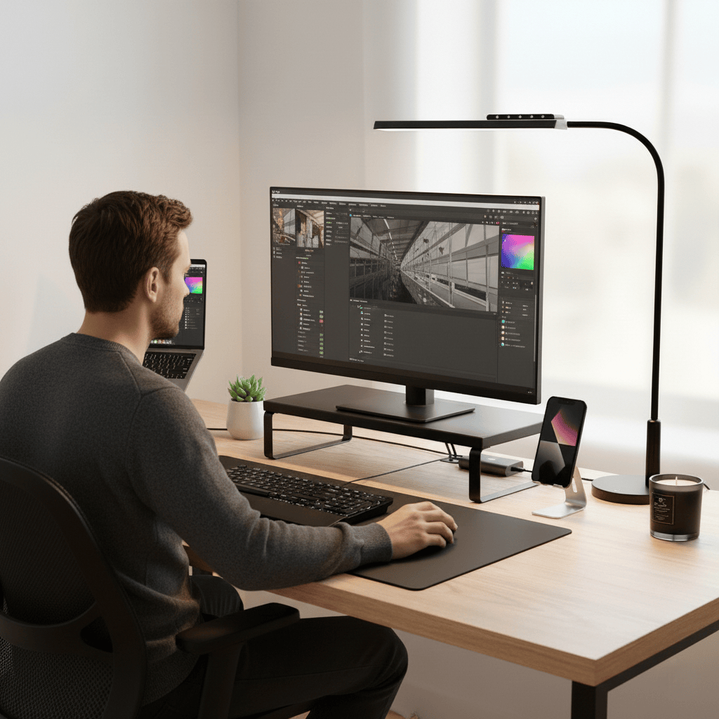 Professionnel travaillant sur setup ergonomique avec lampe LED à col de cygne, support smartphone, rehausseur écran et laptop pour montage photo