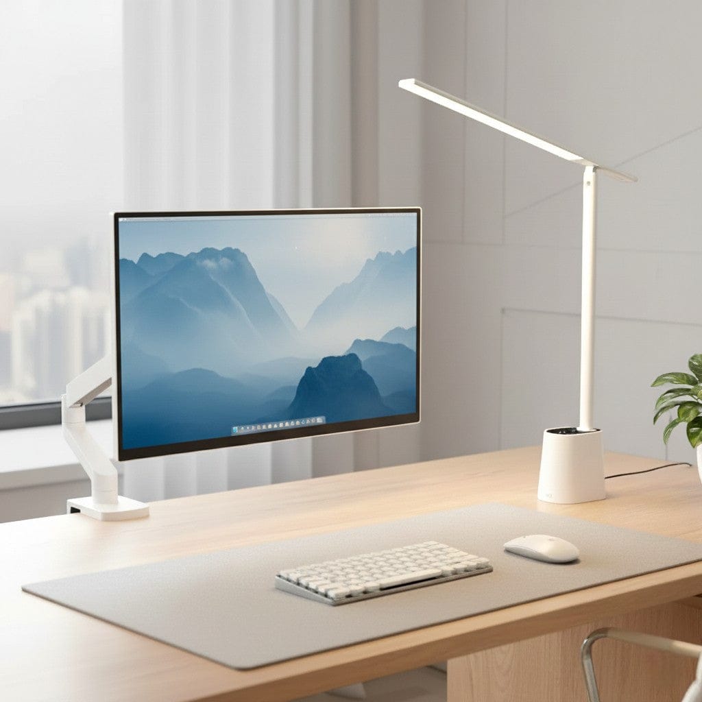 Lampe de bureau LED blanche minimaliste à bras articulé avec pot à crayons intégré sur bureau en bois avec écran flottant affichant un paysage de montagne clavier et souris blancs dans un espace lumineux