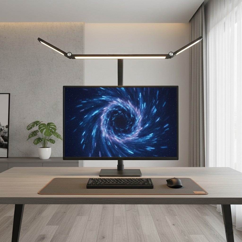 Lampe LED suspendue à barre réglable au-dessus d'un grand écran d'ordinateur sur bureau minimaliste avec clavier souris et tapis de bureau beige dans un espace moderne lumineux