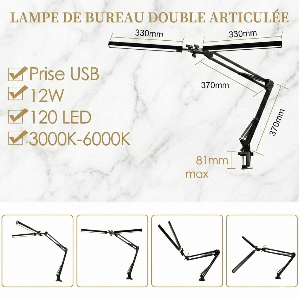 Schéma technique des dimensions de la Lampe de Bureau Luxia montrant les bras articulés de 370mm et les têtes LED de 330mm.