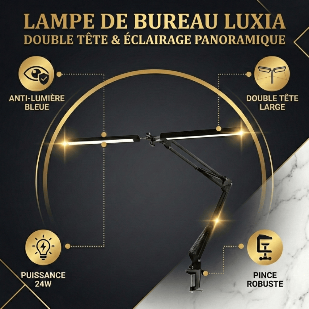 Présentation de la Lampe de Bureau Luxia : Double Tête & Éclairage Panoramique avec protection anti-lumière bleue et pince robuste.