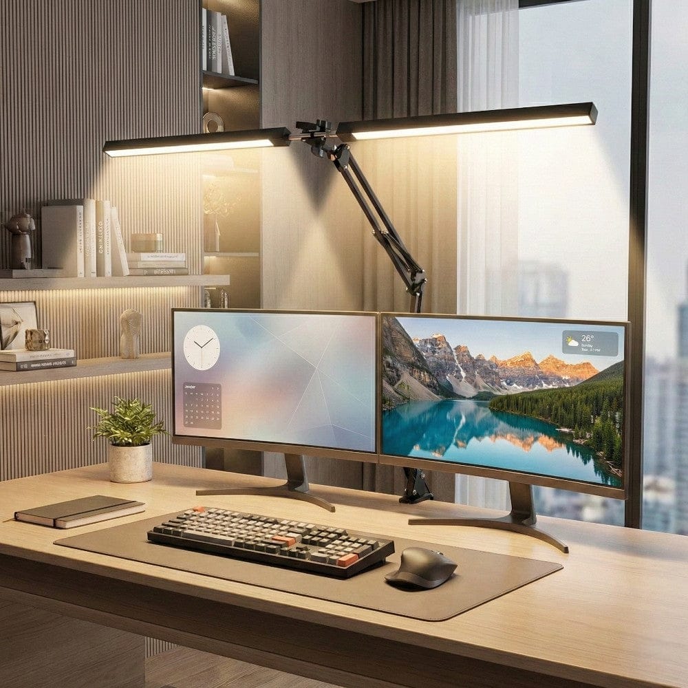 Présentation de la Lampe de Bureau Luxia : Double Tête & Éclairage Panoramique avec protection anti-lumière bleue et pince robuste.