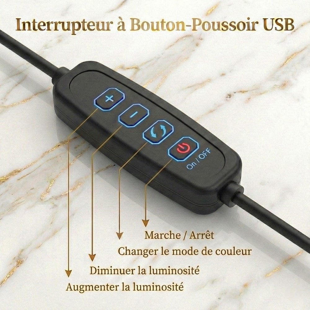 Détail de l'interrupteur USB de la Lampe de Bureau Luxia permettant de contrôler l'allumage, la couleur et l'intensité lumineuse.