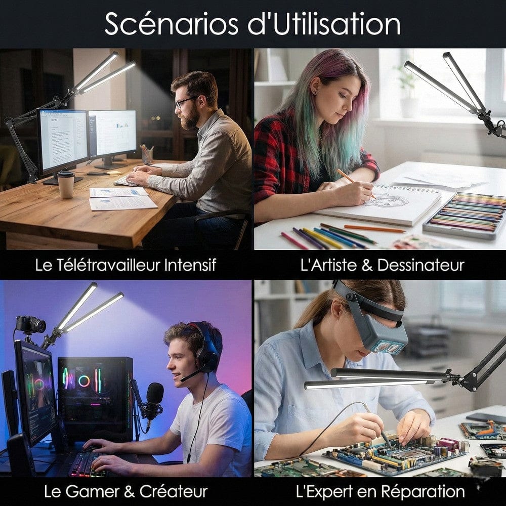 Différents scénarios d'utilisation de la Lampe de Bureau Luxia pour le télétravail, le dessin, le gaming et la réparation électronique.