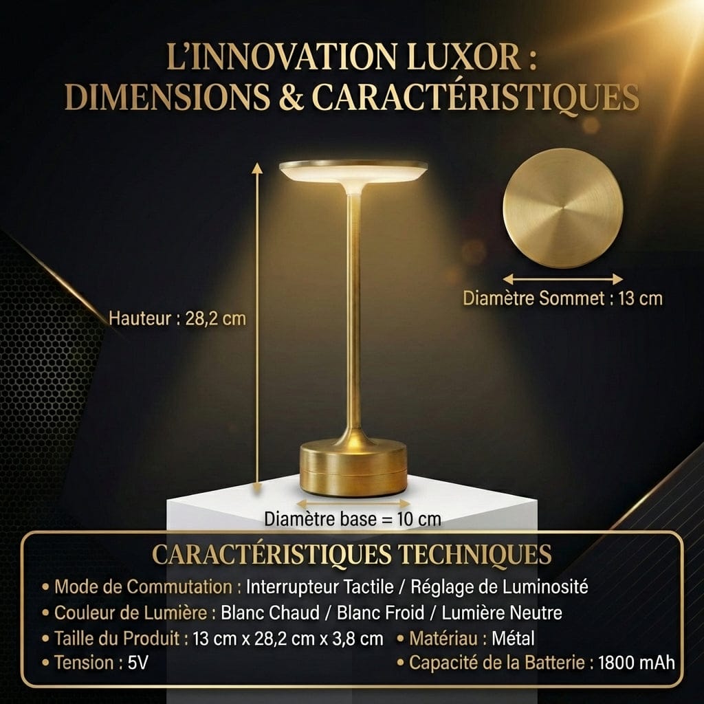 Infographie des caractéristiques de la Lampe de Bureau LUXOR Éclat Précieux : hauteur 28,2 cm, batterie 1800 mAh et 3 modes de couleur.