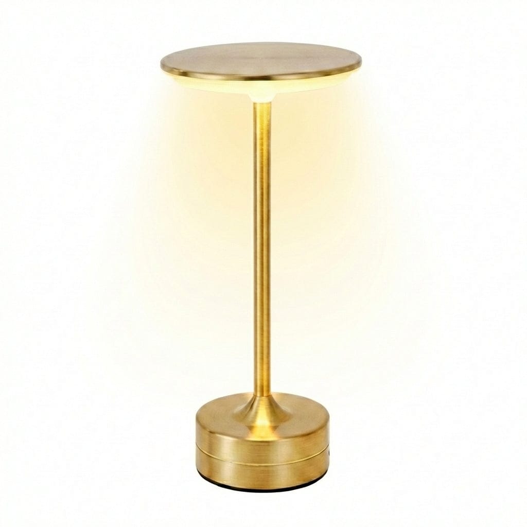 Lampe de bureau LUXOR Éclat Précieux en métal doré brossé sur fond blanc avec halo lumineux chaud.