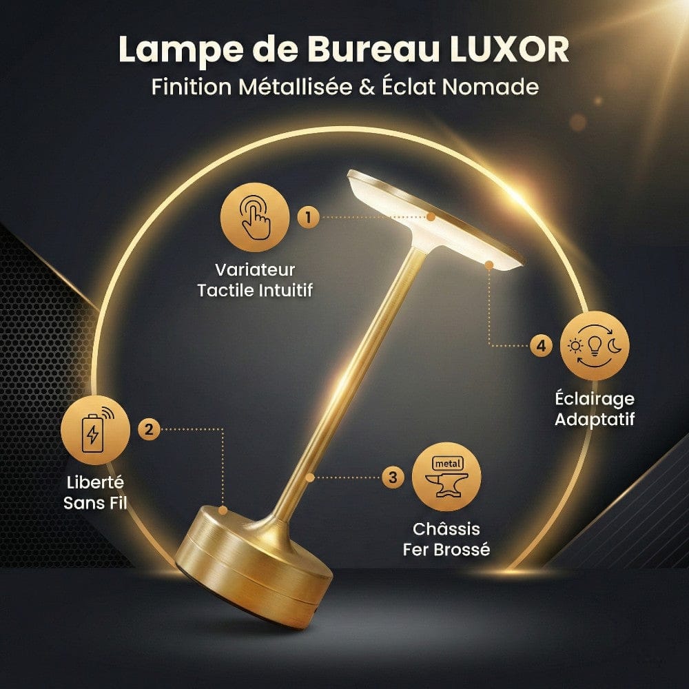 Infographie présentant les avantages de la lampe de bureau LUXOR : variateur tactile, sans fil et châssis en fer brossé.