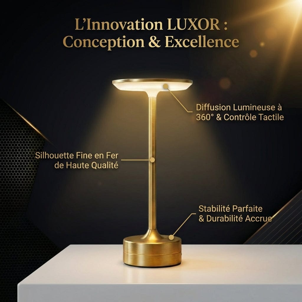 Schéma technique de la lampe LUXOR soulignant la diffusion lumineuse à 360 degrés et la stabilité du socle.