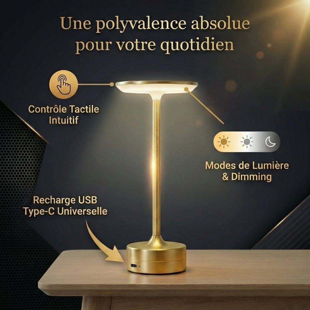 Gros plan sur le port de recharge USB Type-C et les modes de dimming de la lampe de bureau LUXOR.