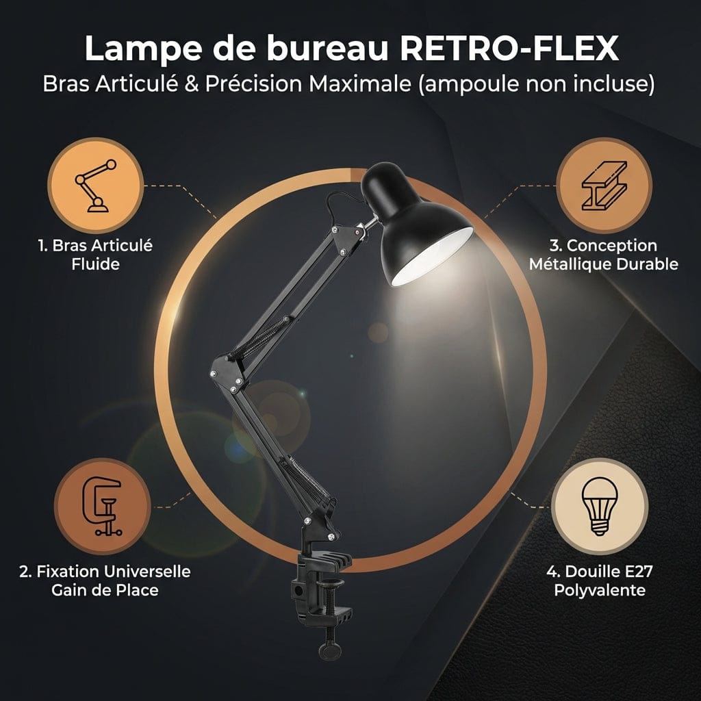 Infographie de la lampe de bureau RETRO-FLEX : bras articulé fluide, douille E27 polyvalente et conception métallique durable.