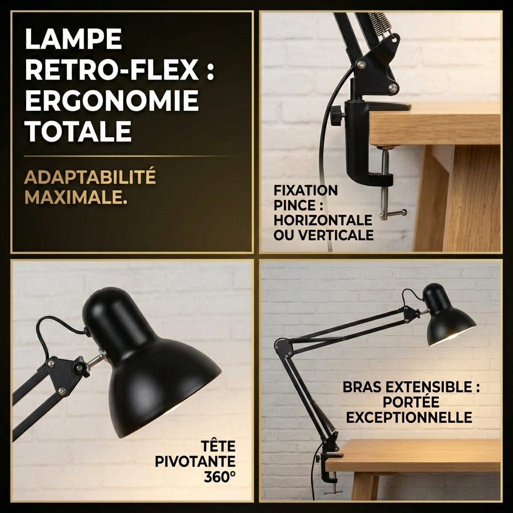 Lampe de bureau RETRO-FLEX avec bras articulé extensible, tête pivotante à 360° et fixation pince universelle.
