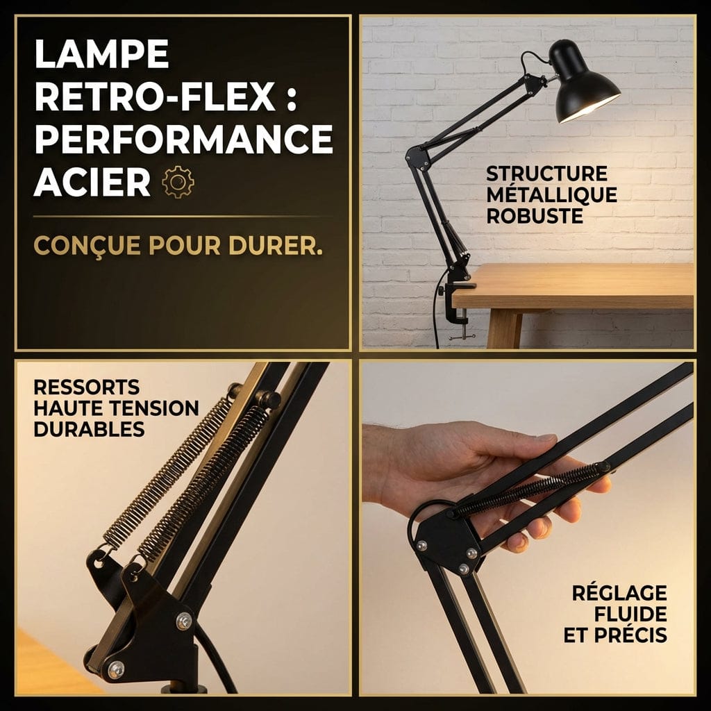Lampe de bureau RETRO-FLEX en acier avec ressorts haute tension et bras articulé pour une précision maximale.