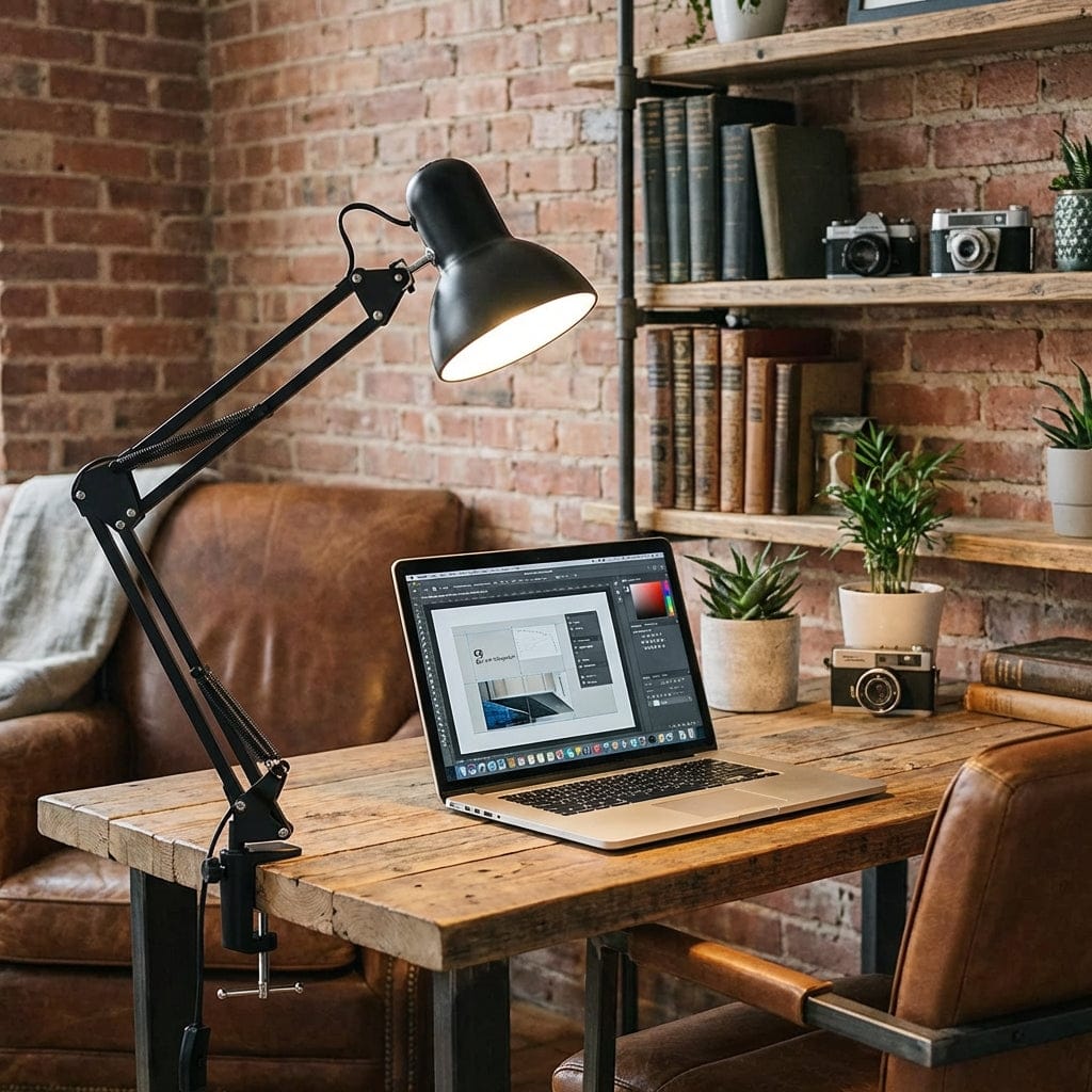Lampe de bureau RETRO-FLEX à bras articulé installée sur un bureau en bois massif dans un décor style industriel.