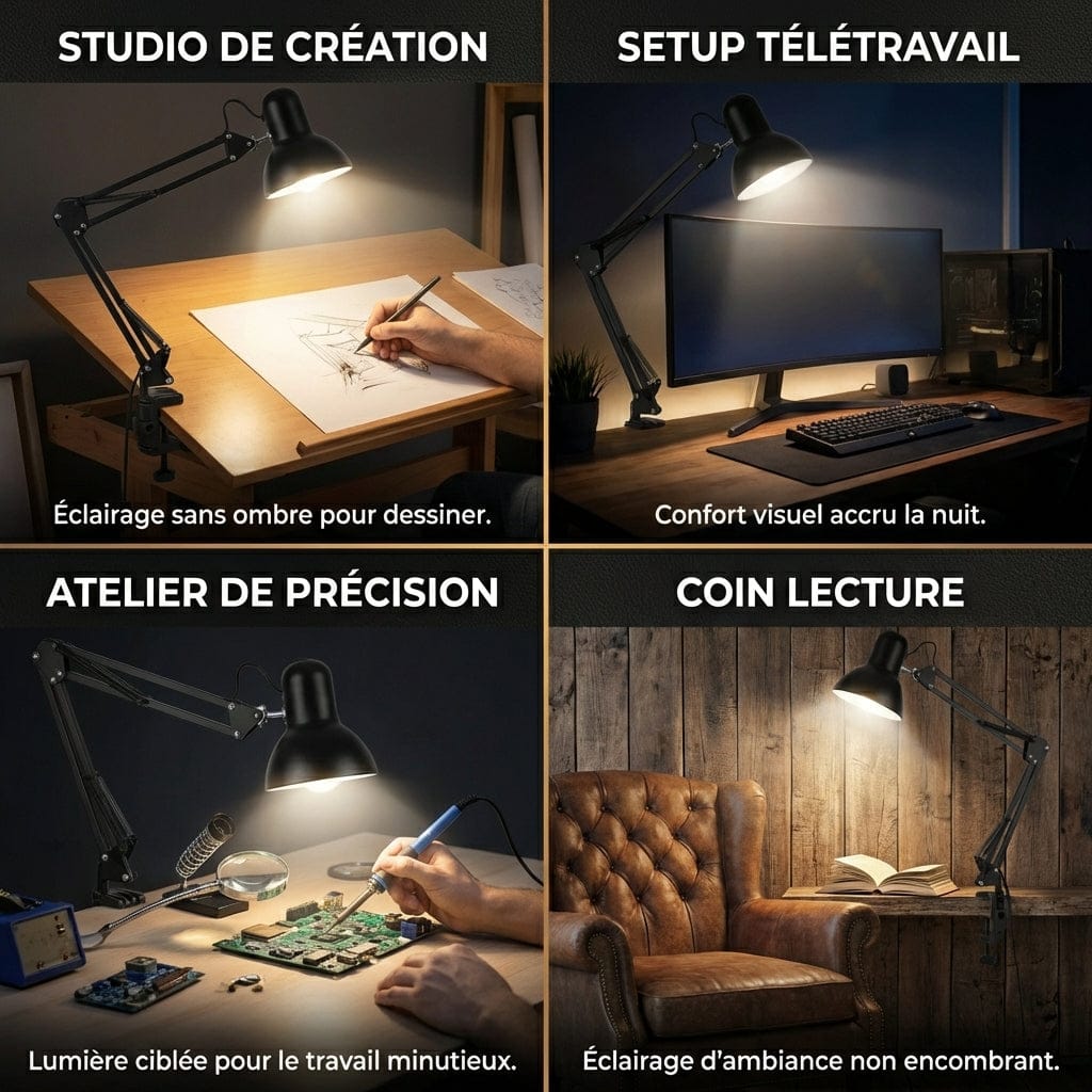 Applications de la lampe de bureau RETRO-FLEX : éclairage sans ombre pour le dessin, l'atelier de précision et le télétravail.