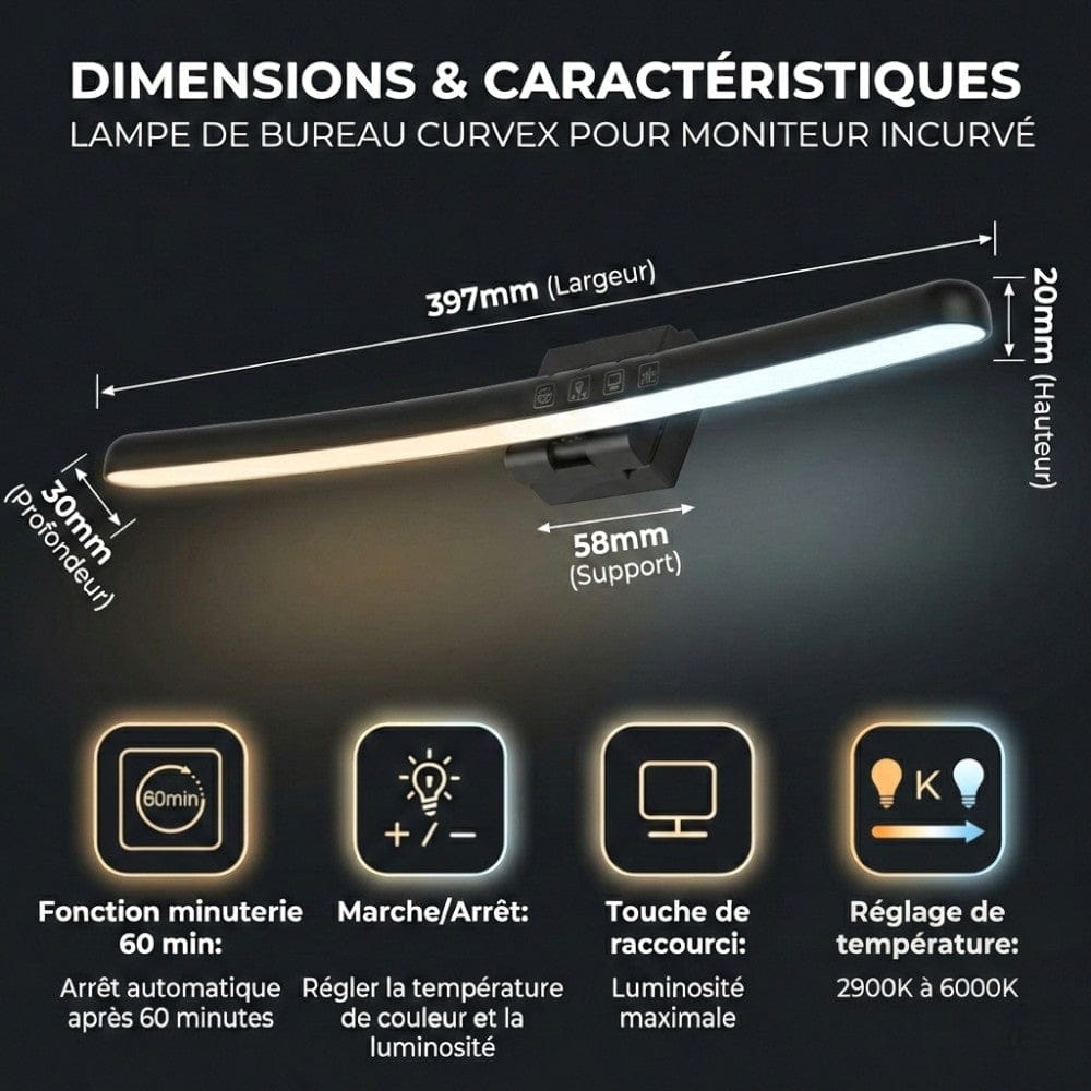 Dimensions et caractéristiques de la Lampe de Bureau Screenbar Tactile CURVEX 40cm incluant la fonction minuterie et le réglage de température 2900K à 6000K.