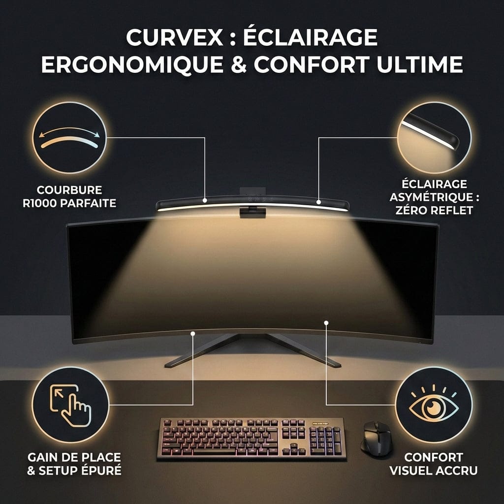 Lampe de Bureau Screenbar Tactile CURVEX 40cm installée sur un écran incurvé avec courbure R1000 et éclairage asymétrique zéro reflet.