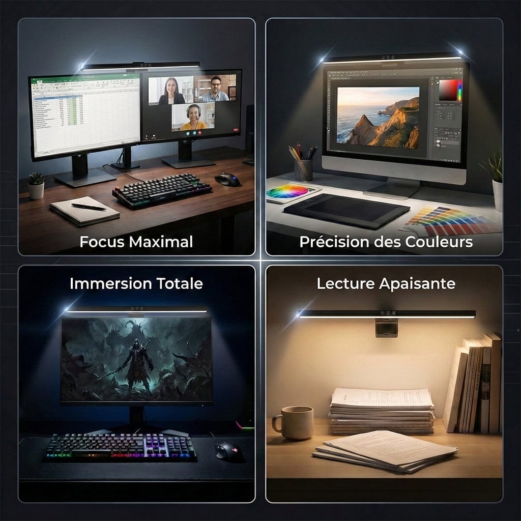 Quatre modes d'utilisation de la lampe HELIOS : Focus maximal, précision des couleurs IRC > 90, immersion et lecture.