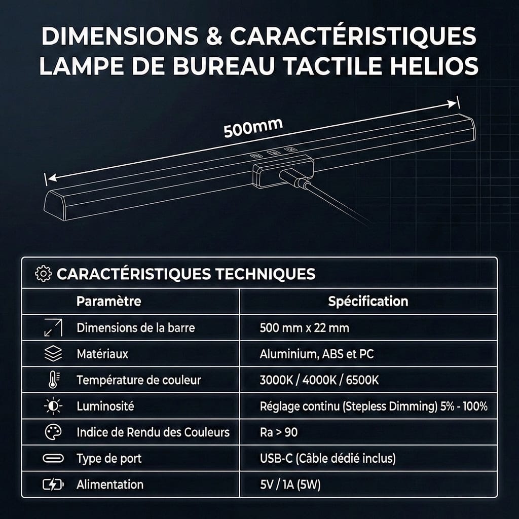 Dimensions de 500mm et caractéristiques techniques détaillées de la lampe de bureau tactile HELIOS.
