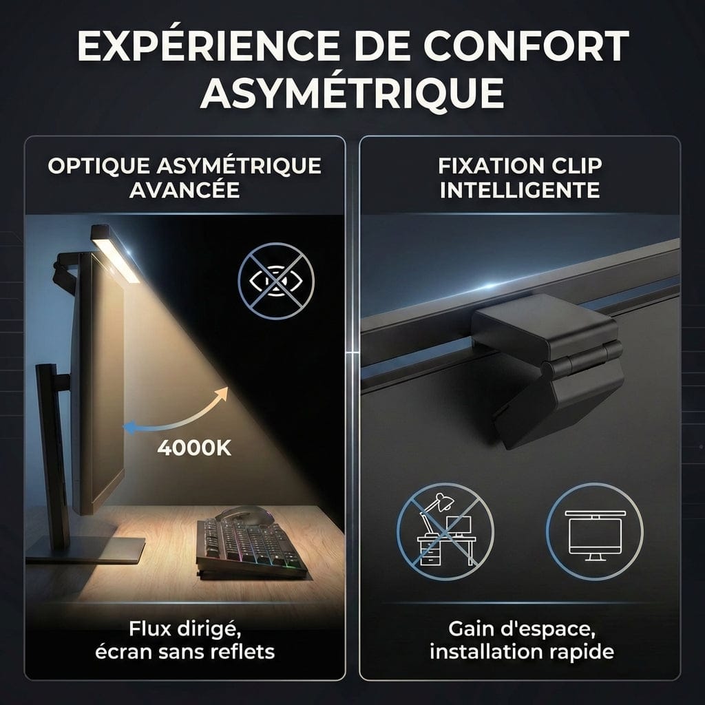 Schéma de l'optique asymétrique de la lampe HELIOS 50cm garantissant zéro reflet sur l'écran et un gain d'espace.