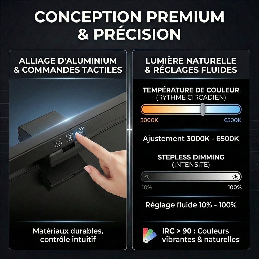 Détails des commandes tactiles et réglage de la température de couleur (3000K-6500K) de la lampe HELIOS.