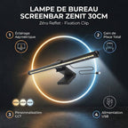 Présentation des 4 avantages clés de la lampe Screenbar ZENIT : éclairage asymétrique, gain de place, CCT et USB.