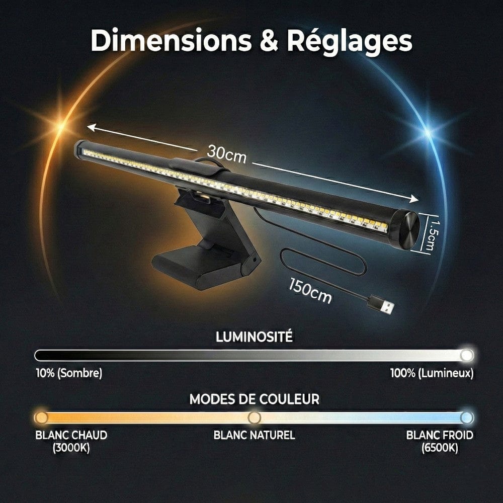 Dimensions de 30cm et réglages de température de couleur (3000K à 6500K) de la Screenbar ZENIT.