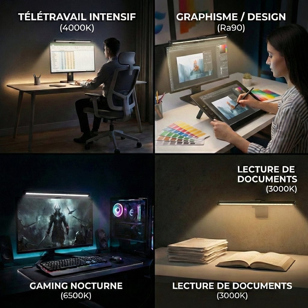 Exemples d'utilisation de la Screenbar ZENIT pour le télétravail, le graphisme, le gaming et la lecture.