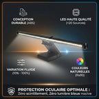Détails techniques de la Screenbar ZENIT : protection oculaire, rendu des couleurs Ra90 et LED haute qualité.
