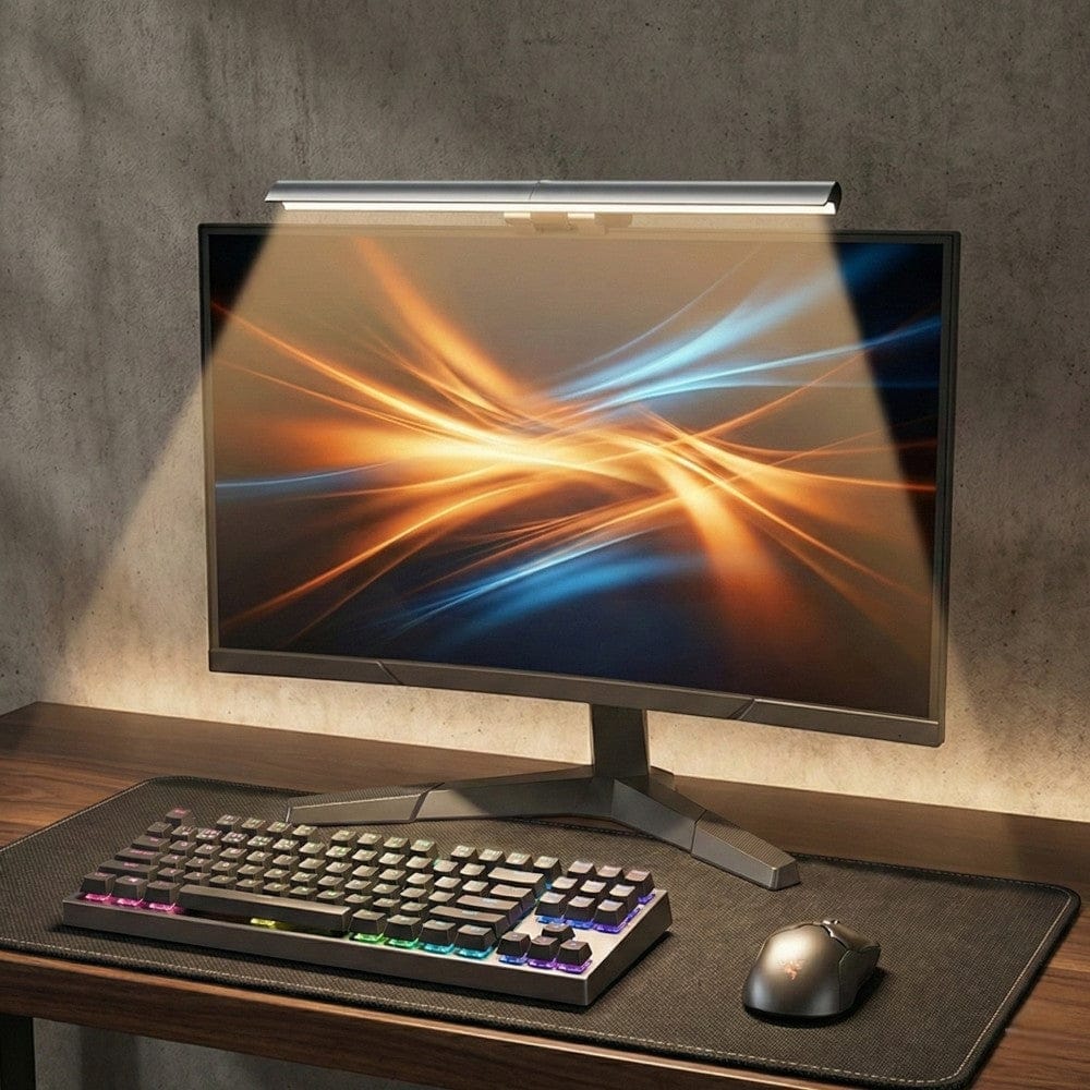 Installation réelle de la lampe Screenbar ZENIT 30cm sur un moniteur PC pour un bureau épuré.