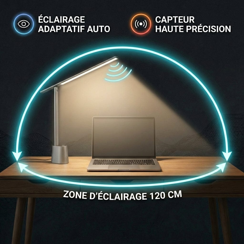 Lampe de bureau Sensia avec capteur intelligent haute précision et zone d'éclairage large de 120 cm.