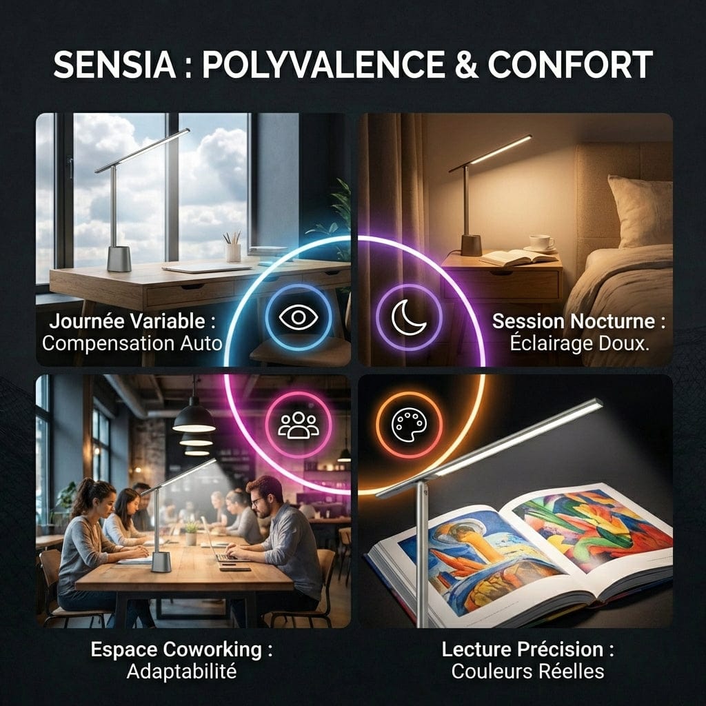 Utilisation polyvalente de la lampe Sensia pour le télétravail, la lecture de précision et les sessions nocturnes.