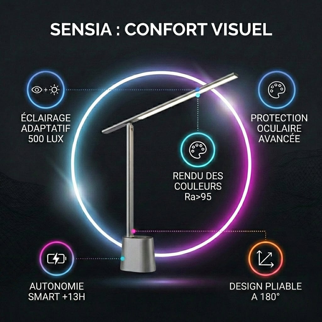 Lampe de bureau Sensia design pliable à 180 degrés avec autonomie de 13 heures et rendu des couleurs Ra > 95.