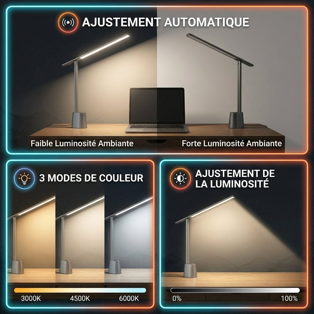 Réglages de la lampe de bureau Sensia : 3 modes de couleur de 3000K à 6000K et ajustement de la luminosité.