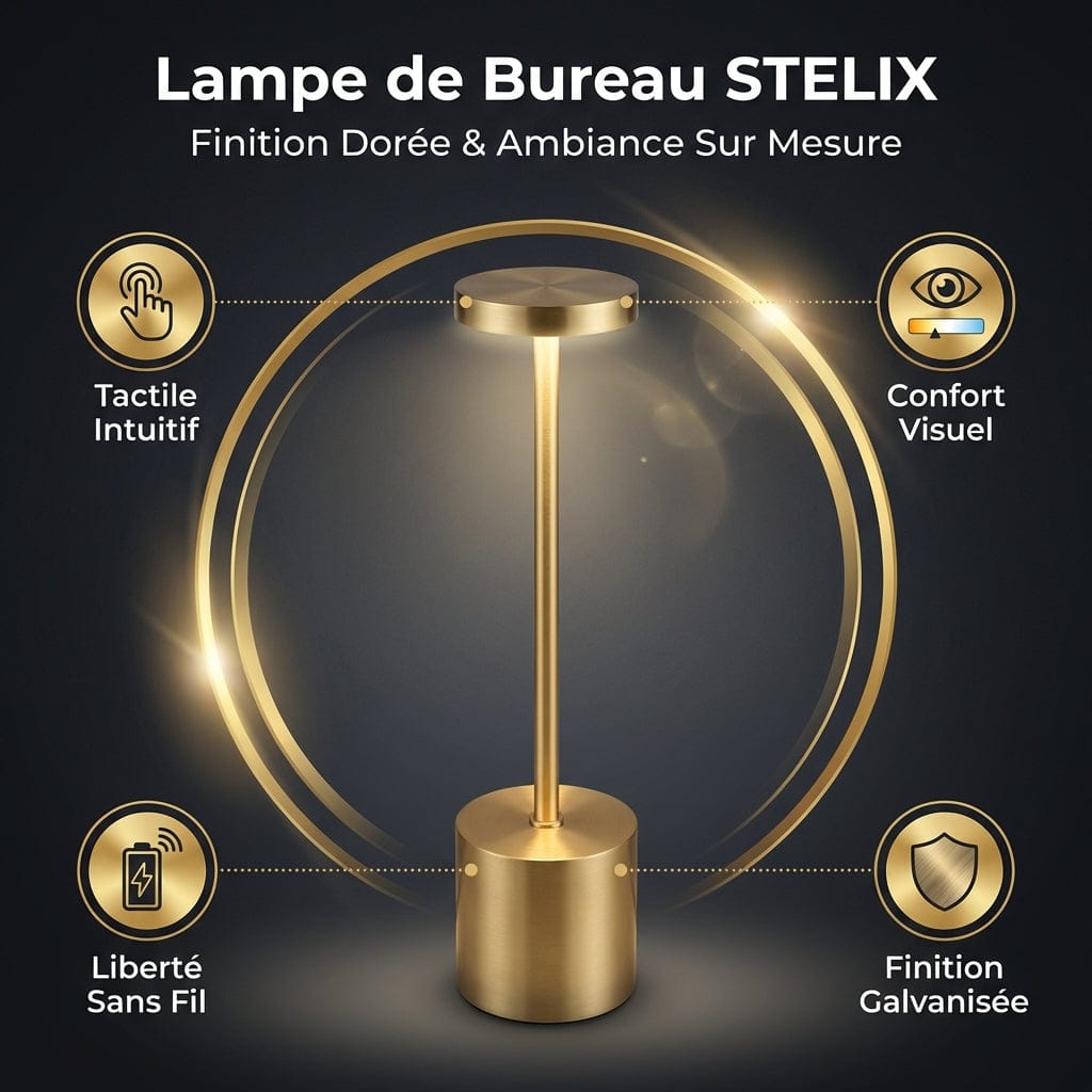 Présentation des avantages de la lampe STELIX : sans fil, tactile, confort visuel et finition dorée galvanisée.