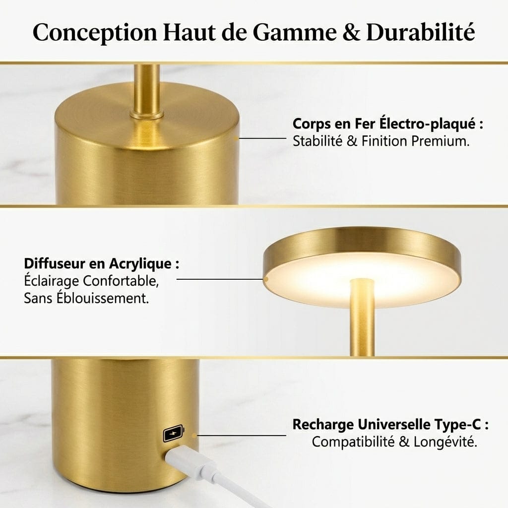 Gros plan technique de la lampe de bureau STELIX montrant le corps en fer électro-plaqué, le diffuseur acrylique et le port de charge USB-C.