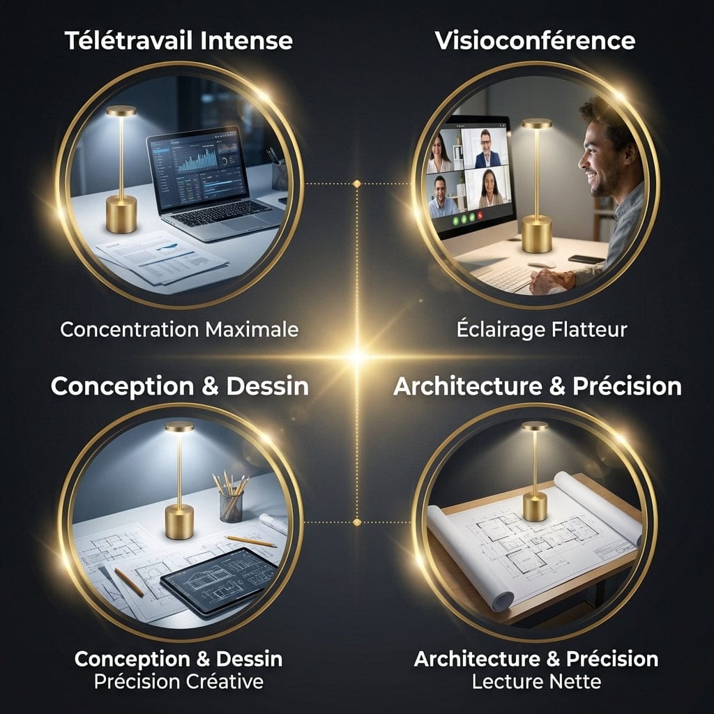 Quatre mises en situation de la lampe de bureau STELIX pour le télétravail, la visioconférence, le dessin créatif et l'architecture.
