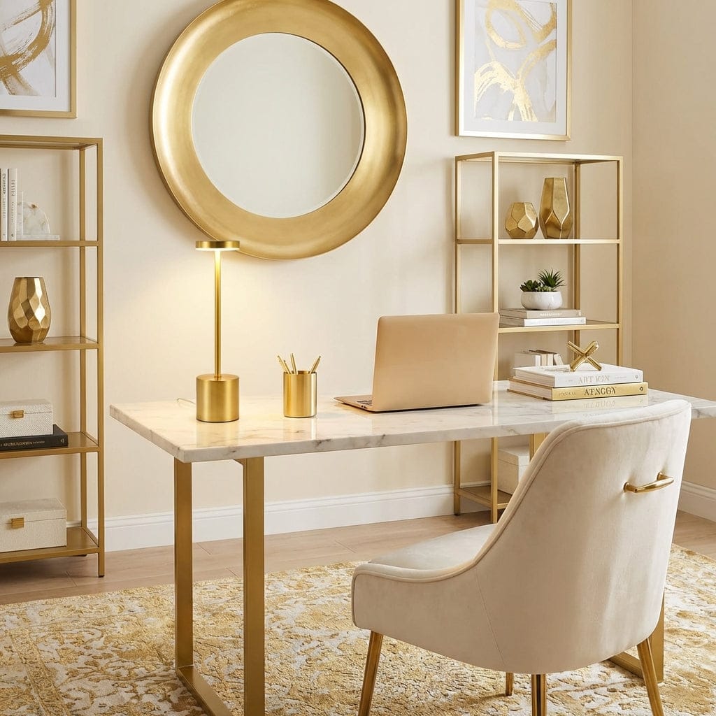 Ambiance décorative complète avec la lampe de bureau STELIX illuminant un espace de travail luxueux et moderne.