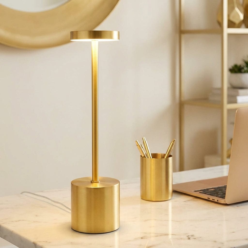 Lampe de bureau STELIX dorée posée sur un bureau en marbre blanc avec un ordinateur portable et des accessoires de bureau.