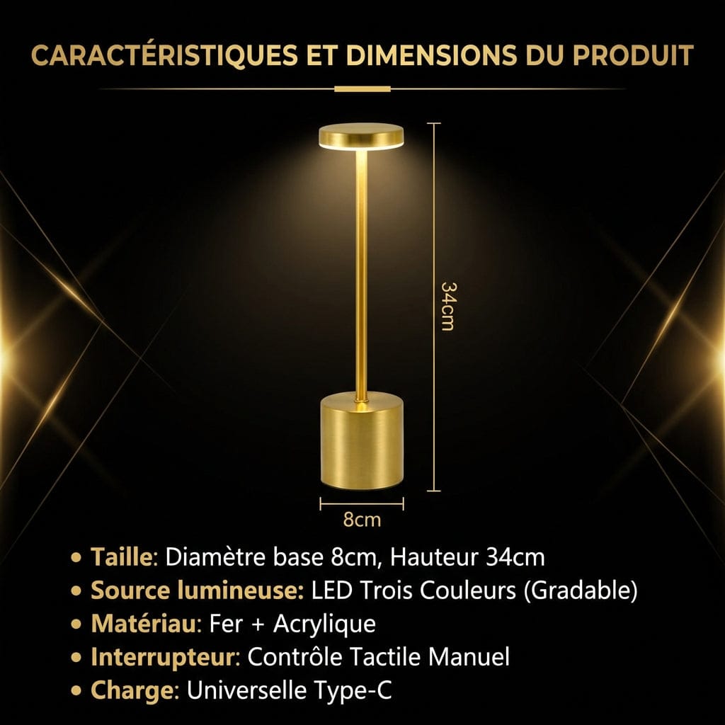 Infographie des dimensions de la lampe de bureau STELIX avec une hauteur de 34cm et une base compacte de 8cm sur fond noir élégant.