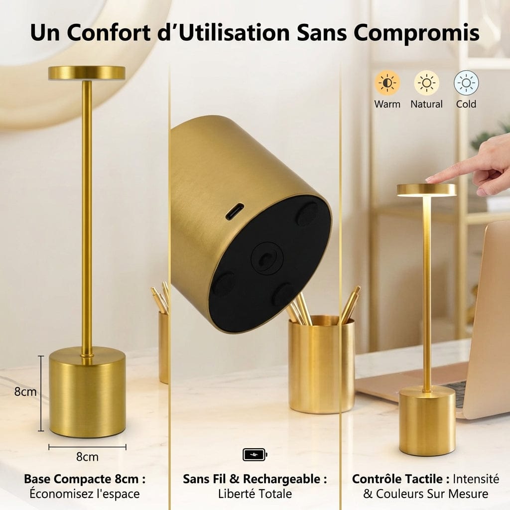 Détails de l'utilisation de la lampe STELIX : recharge USB-C, base compacte et contrôle tactile de l'intensité lumineuse.