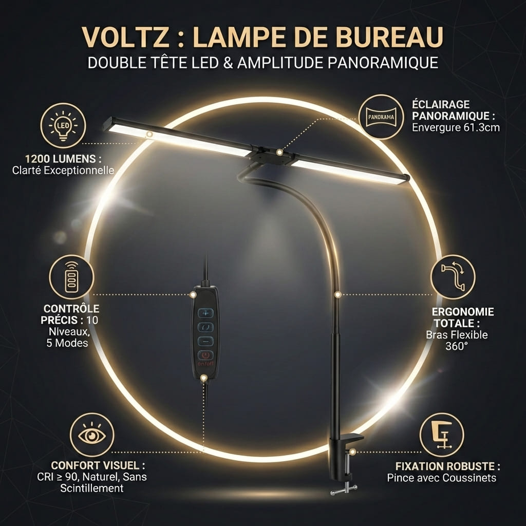 Infographie de la Lampe de Bureau VOLTZ soulignant les 1200 lumens et le confort visuel sans scintillement.