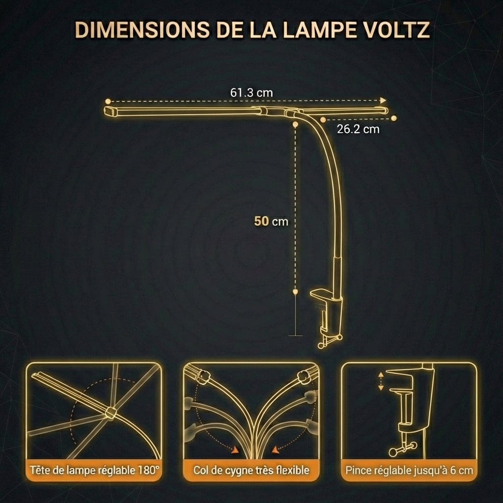 Schéma des dimensions de la Lampe de Bureau VOLTZ affichant une amplitude panoramique de 61.3 cm.