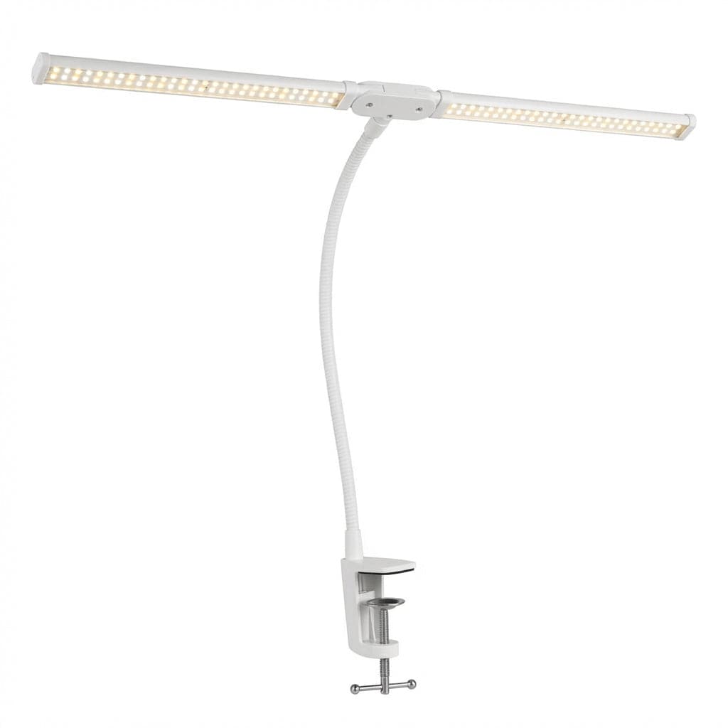 Vue d'ensemble de la Lampe de Bureau VOLTZ en version blanche avec pince de fixation et double tête panoramique.